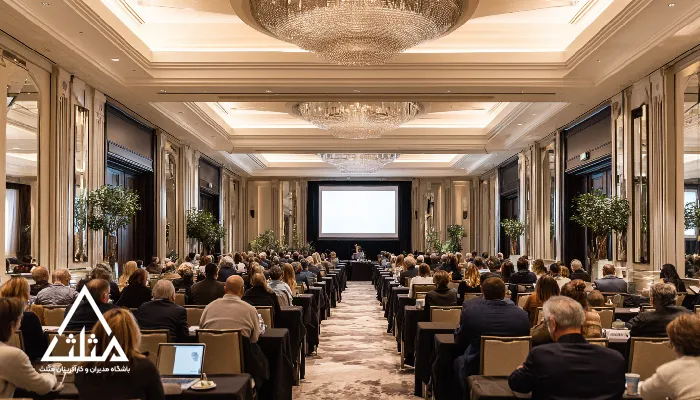 تصویر یک سالن همایش بزرگ با حضور جمعی از مدیران و کارآفرینان در حال آموزش و شبکه‌سازی؛ نمایی مناسب برای معرفی مفهوم باشگاه‌های مدیران و کارآفرینان و نقش آن‌ها در توسعه حرفه‌ای.