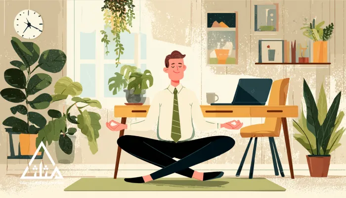 تصویر کارتونی یک مدیر در حال مدیتیشن در دفتر کار؛ نمادی از مزیت‌های حضور در باشگاه مدیران و کارآفرینان مثلث برای افزایش تمرکز، رشد فردی و بهبود تعادل ذهنی و شغلی.