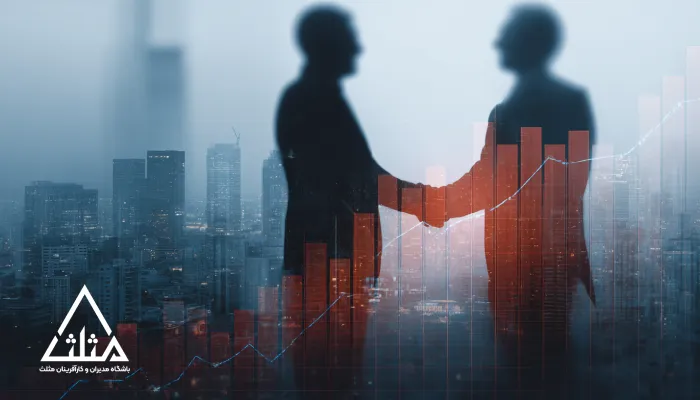 تصویر دو مدیر در حال دست‌دادن با پس‌زمینه نمودارهای رشد و شهر مدرن؛ نمادی از نقش باشگاه مدیران در توسعه اقتصادی و اجتماعی از طریق همکاری، تصمیم‌سازی و شبکه‌سازی مؤثر.