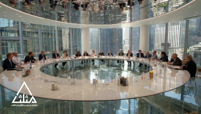 تصویر یک جلسه بزرگ مدیریتی با میز گرد در محیطی مدرن؛ نمادی از بررسی ابعاد مختلف کلاب‌های مدیریتی از منظر تصمیم‌سازی، هم‌افزایی، آموزش و شبکه‌سازی حرفه‌ای.