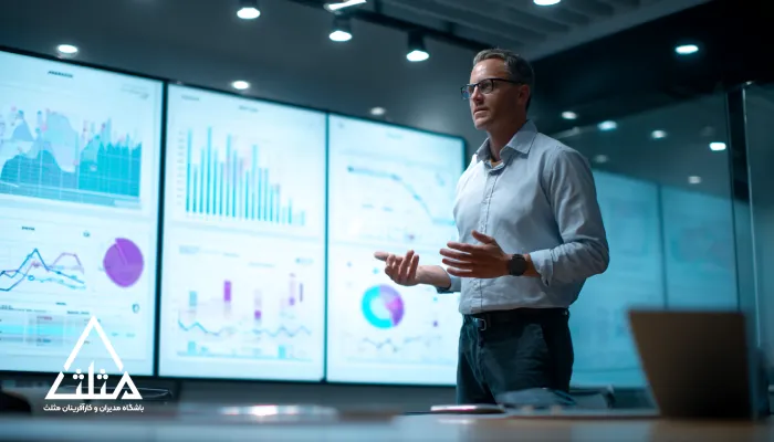 تصویر یک مدیر در حال ارائه تحلیل و نمودارها در محیطی مدرن؛ نمادی از راه‌های نوین برای توانمندسازی کارآفرینان جوان ایرانی با استفاده از دانش، داده‌محوری و آموزش‌های حرفه‌ای.