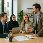 جلسه‌ی کاری حرفه‌ای با حضور چهار مدیر در یک دفتر مدرن و نورگیر