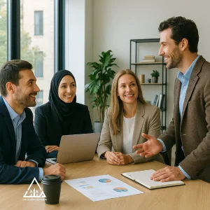 جلسه‌ی کاری حرفه‌ای با حضور چهار مدیر در یک دفتر مدرن و نورگیر
