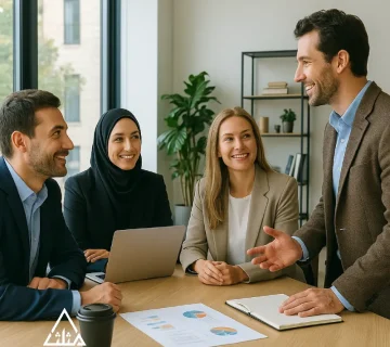 جلسه‌ی کاری حرفه‌ای با حضور چهار مدیر در یک دفتر مدرن و نورگیر