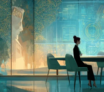 مدیر ایرانی در اتاق جلسه در حال توازن بین توصیههای هوش مصنوعی و شهود انسانی با نمایش داشبورد داده؛ موضوع: هوش مصنوعی در مدیریت و تصمیمگیری مدیریتی