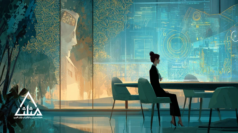 مدیر ایرانی در اتاق جلسه در حال توازن بین توصیه‌های هوش مصنوعی و شهود انسانی با نمایش داشبورد داده؛ موضوع: هوش مصنوعی در مدیریت و تصمیم‌گیری مدیریتی