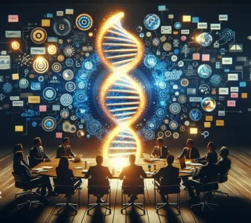 تصویر مفهومی از DNA برند به شکل مارپیچ دوگانه ساخته‌شده از عناصر هویت برند با فضای مدیریتی و رنگ‌های آبی و طلایی برای طراحی هویت برند