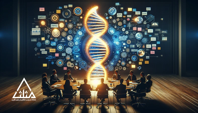 تصویر مفهومی از DNA برند به شکل مارپیچ دوگانه ساخته‌شده از عناصر هویت برند با فضای مدیریتی و رنگ‌های آبی و طلایی برای طراحی هویت برند