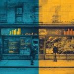 تصویر مفهومی بازآفرینی برند: گذار از برند محو به هویت تازه با رنگ‌های آبی و طلایی، نمودارهای سلامت برند و ترکیب تجربه فیزیکی و دیجیتال در بازار ایران