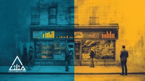 تصویر مفهومی بازآفرینی برند: گذار از برند محو به هویت تازه با رنگ‌های آبی و طلایی، نمودارهای سلامت برند و ترکیب تجربه فیزیکی و دیجیتال در بازار ایران