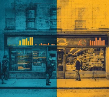 تصویر مفهومی بازآفرینی برند: گذار از برند محو به هویت تازه با رنگ‌های آبی و طلایی، نمودارهای سلامت برند و ترکیب تجربه فیزیکی و دیجیتال در بازار ایران