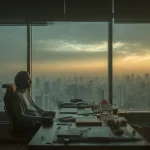 مدیر ایرانی در دفتر کار تهران هنگام طلوع، در حال تمرین تنفس برای ذهن آرام؛ فضای مینیمال، نور گرم و حس تمرکز مدیریتی