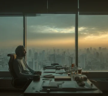 مدیر ایرانی در دفتر کار تهران هنگام طلوع، در حال تمرین تنفس برای ذهن آرام؛ فضای مینیمال، نور گرم و حس تمرکز مدیریتی