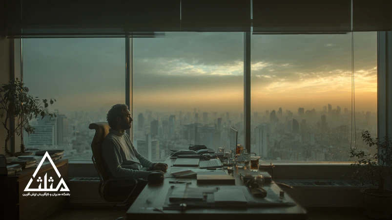 مدیر ایرانی در دفتر کار تهران هنگام طلوع، در حال تمرین تنفس برای ذهن آرام؛ فضای مینیمال، نور گرم و حس تمرکز مدیریتی