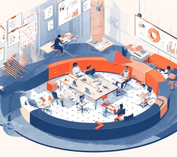 تصویر چرخه ایده‌پردازی مداوم در یک محیط کاری ایرانی با برد کانبان، امتیازدهی ICE/RICE و مسیر تبدیل خلاقیت فردی به نوآوری سازمانی