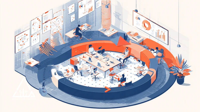 تصویر چرخه ایده‌پردازی مداوم در یک محیط کاری ایرانی با برد کانبان، امتیازدهی ICE/RICE و مسیر تبدیل خلاقیت فردی به نوآوری سازمانی