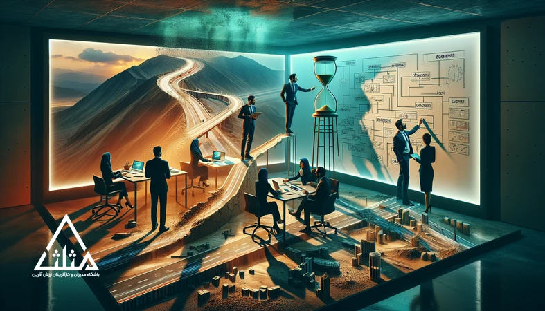 تصویر مفهومی خلاقیت در محدودیت در بحران؛ مدیران ایرانی در حال ایده‌پردازی و تبدیل موانع به نوآوری در اتاق جلسه