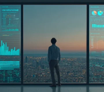 مدیر غیرفنی در حال بررسی داشبورد مدیریتی با نمودارهای خطی، میلهای و قیفی که به تصمیمگیری مبتنی بر داده و برنامه استراتژیک منتهی میشود