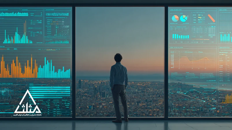 مدیر غیرفنی در حال بررسی داشبورد مدیریتی با نمودارهای خطی، میله‌ای و قیفی که به تصمیم‌گیری مبتنی بر داده و برنامه استراتژیک منتهی می‌شود