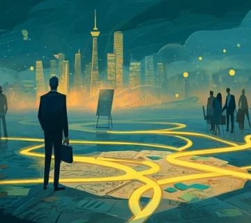 تصویر مفهومی تصمیم‌گیری در شرایط ابهام برای مدیران ایرانی با دو راهی، سناریونویسی و تفکر احتمالاتی در پس‌زمینه شهر