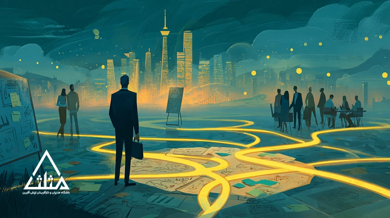 تصویر مفهومی تصمیم‌گیری در شرایط ابهام برای مدیران ایرانی با دو راهی، سناریونویسی و تفکر احتمالاتی در پس‌زمینه شهر