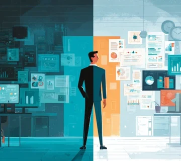 تصویر مفهومی مدیر دیجیتال در برابر مدیر سنتی با داشبوردهای داده، تیم ترکیبی و فضای کاری مدرن؛ مرتبط با تحول دیجیتال، رهبری سازمانی و فرهنگ دیجیتال