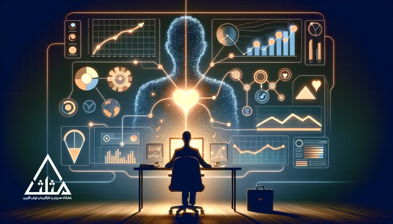 ترکیب داده و احساس در استراتژی بازاریابی دیجیتال؛ داشبورد تحلیلی در کنار سیلوئت انسانی و آیکون‌های Customer Journey برای بازاریابی داده‌محور و برندسازی احساسی