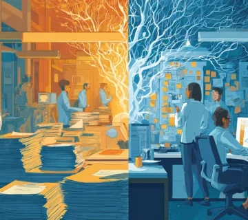 تصویر مفهومی تحول دیجیتال مبتنی بر Mindset تغییر؛ مقایسه فضای سنتی با workspace چابک، تیم بین‌بخشی و داشبوردهای داده‌محور