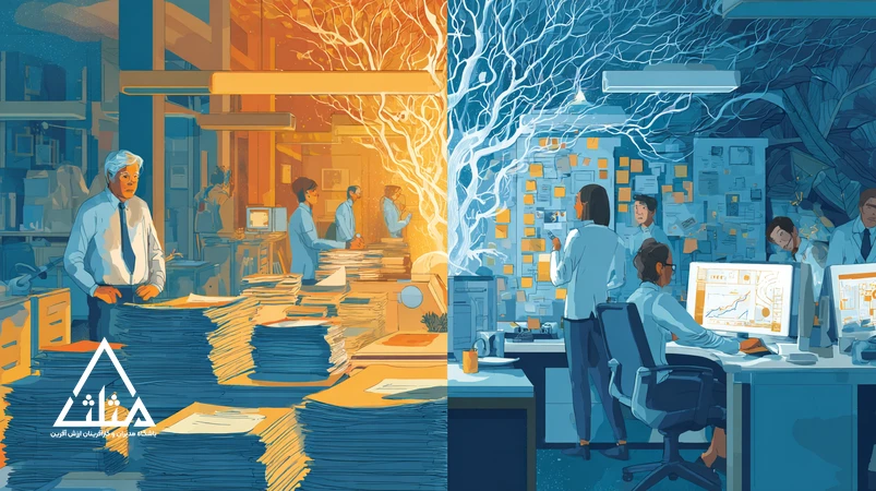 تصویر مفهومی تحول دیجیتال مبتنی بر Mindset تغییر؛ مقایسه فضای سنتی با workspace چابک، تیم بین‌بخشی و داشبوردهای داده‌محور