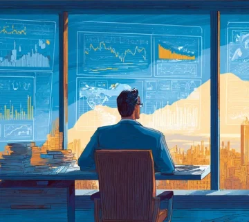 مدیر ایرانی در حال تحلیل اقتصادی با داشبوردهای داده، نمودار نرخ ارز و سناریونویسی برای تصمیم‌گیری مدیریتی و مدیریت ریسک کسب‌وکار