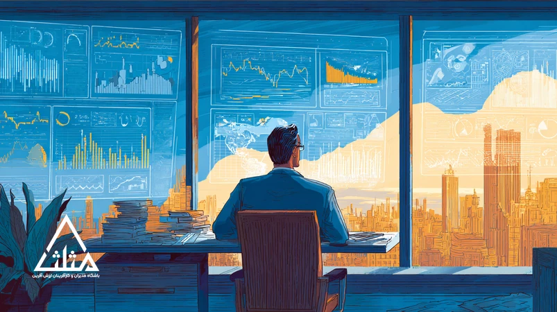 مدیر ایرانی در حال تحلیل اقتصادی با داشبوردهای داده، نمودار نرخ ارز و سناریونویسی برای تصمیم‌گیری مدیریتی و مدیریت ریسک کسب‌وکار