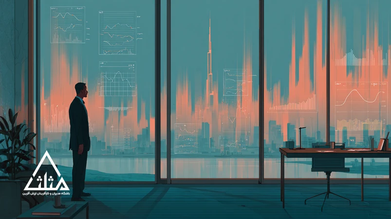 مدیریت ذهن مدیر در شرایط پرفشار؛ تصویری از یک مدیر ایرانی در دفتر کار تهران با نمودارهای تصمیم‌گیری، ژورنال‌نویسی و الگوی تنفس برای کاهش استرس تصمیم‌گیری