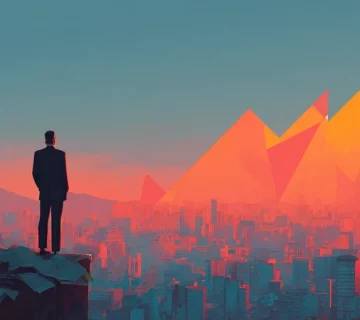 مدیر ایرانی در حال نگاه به افق شهر پس از شکست مدیریتی؛ نمودار شکسته که به فلش رشد تبدیل می‌شود؛ تصویر نمادین از درس‌های شکست و رشد حرفه‌ای مدیران.