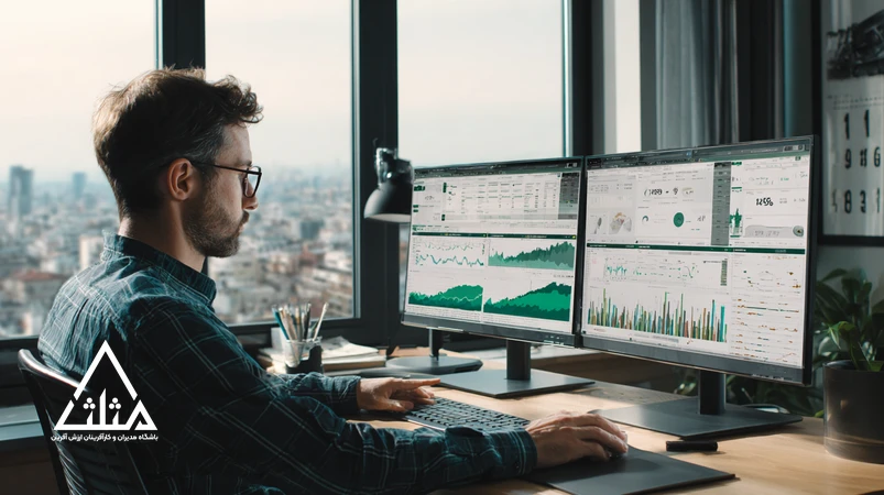 تصویر یک مدیر ایرانی در حال بررسی داشبورد مالی شامل ROI، جریان نقدی و سناریونویسی برای تفکر مالی مدیران غیرفنی