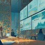 مدیری در ایران در حال همکاری با دستیار هوش مصنوعی و داشبوردهای داده فارسی؛ تصویر آینده کار و مهارت‌های مدیران در عصر هوش مصنوعی