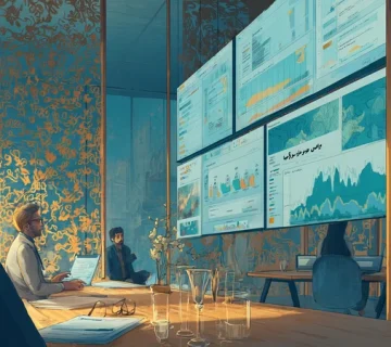 مدیری در ایران در حال همکاری با دستیار هوش مصنوعی و داشبوردهای داده فارسی؛ تصویر آینده کار و مهارت‌های مدیران در عصر هوش مصنوعی