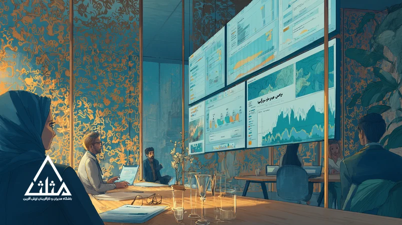 مدیری در ایران در حال همکاری با دستیار هوش مصنوعی و داشبوردهای داده فارسی؛ تصویر آینده کار و مهارت‌های مدیران در عصر هوش مصنوعی