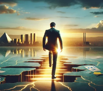 مدیری که پس از زمین خوردن برمی‌خیزد و روی پله‌های طلاییِ ساخته‌شده از شکست‌ها رو به افق حرکت می‌کند؛ نمادی از شکست‌های طلایی و تبدیل ناکامی به موفقیت.