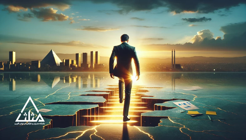 مدیری که پس از زمین خوردن برمی‌خیزد و روی پله‌های طلاییِ ساخته‌شده از شکست‌ها رو به افق حرکت می‌کند؛ نمادی از شکست‌های طلایی و تبدیل ناکامی به موفقیت.