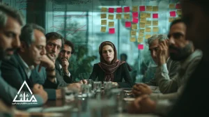 تصویر تصمیم‌های گروهی در اتاق جلسه با تأکید بر هم‌رأیی افراطی و یک عضو مردد؛ نمودارهای ساده و فضای تحلیلی برای بهبود تصمیم‌گیری جمعی