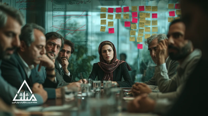 تصویر تصمیم‌های گروهی در اتاق جلسه با تأکید بر هم‌رأیی افراطی و یک عضو مردد؛ نمودارهای ساده و فضای تحلیلی برای بهبود تصمیم‌گیری جمعی