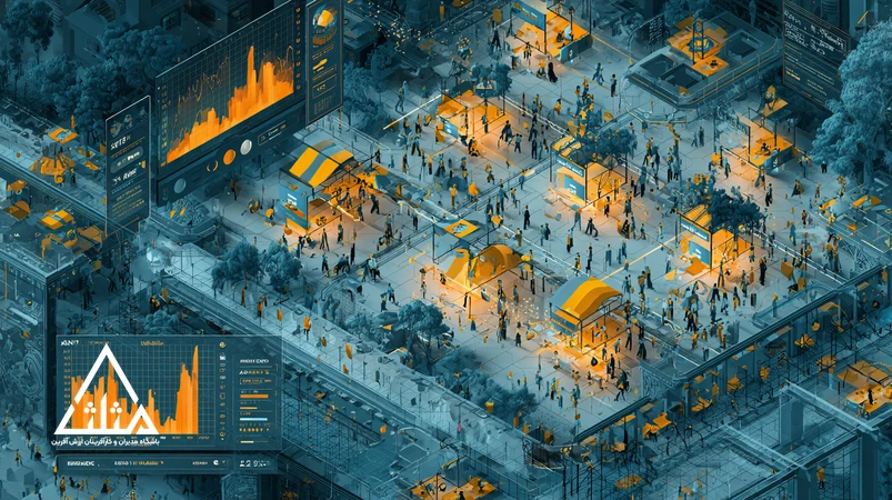 تصویر تحلیل‌گر ایرانی که با داشبورد داده‌ای روی نمای بازار تهران، فرصت‌های پنهان بازار، رفتار مشتری و شکاف رقابتی را شناسایی می‌کند.