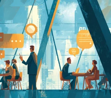 تصویر مفهومی از سبک رهبری ترکیبی؛ مدیر در چهارراه تصمیم با تیمی چندنسلی در یک دفتر مدرن، نماد جعبه‌ابزار رهبری و رهبری سازمانی انعطاف‌پذیر.