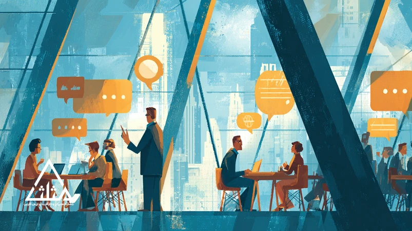 تصویر مفهومی از سبک رهبری ترکیبی؛ مدیر در چهارراه تصمیم با تیمی چندنسلی در یک دفتر مدرن، نماد جعبه‌ابزار رهبری و رهبری سازمانی انعطاف‌پذیر.