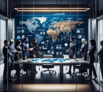 تصویر تیم ایرانی در حال تحلیل نقشه جهانی با تمرکز بر خاورمیانه، آسیای میانه و اروپا برای بازاریابی بین‌المللی برندهای ایرانی و استراتژی ورود هوشمندانه