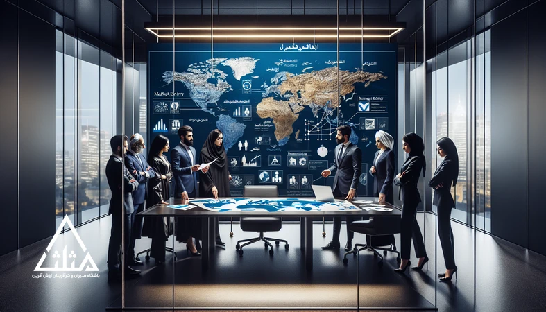 تصویر تیم ایرانی در حال تحلیل نقشه جهانی با تمرکز بر خاورمیانه، آسیای میانه و اروپا برای بازاریابی بین‌المللی برندهای ایرانی و استراتژی ورود هوشمندانه