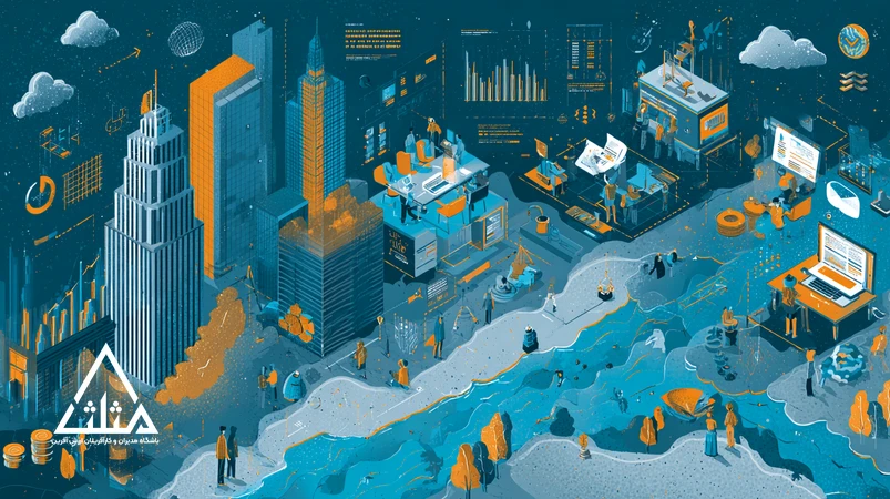 تصویر مفهومی از کارآفرینی در ایران ۱۴۰۵ و تأثیر سیاست‌های اقتصادی بر رشد استارتاپ‌ها با نمودارها، نماد سرمایه و نمای تهران
