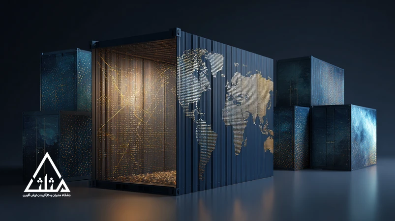 تصویر مفهومی از ورود برند ایرانی به بازار جهانی با بسته‌بندی حرفه‌ای، نقشه مسیرهای تجاری و دست‌دادن برای شراکت؛ تأکید بر الزامات ورود به رقابت بین‌المللی