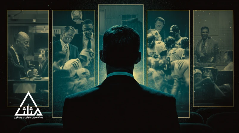 تصویر شاخص درباره فیلم‌های آموزش رهبری: کلاژ سینمایی از اتاق هیئت‌منصفه، تیم فوتبال، مرکز کنترل ناسا، جلسه داده‌محور و سخنرانی رهبر برای یادگیری مفاهیم رهبری