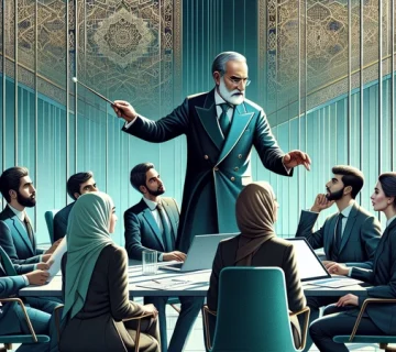 هماهنگی سبک رهبری با فرهنگ تیم؛ تصویر رهبر ایرانی که همچون رهبر ارکستر تیم متنوعی را هدایت می‌کند؛ رهبری اثربخش و مهارت‌های رهبری